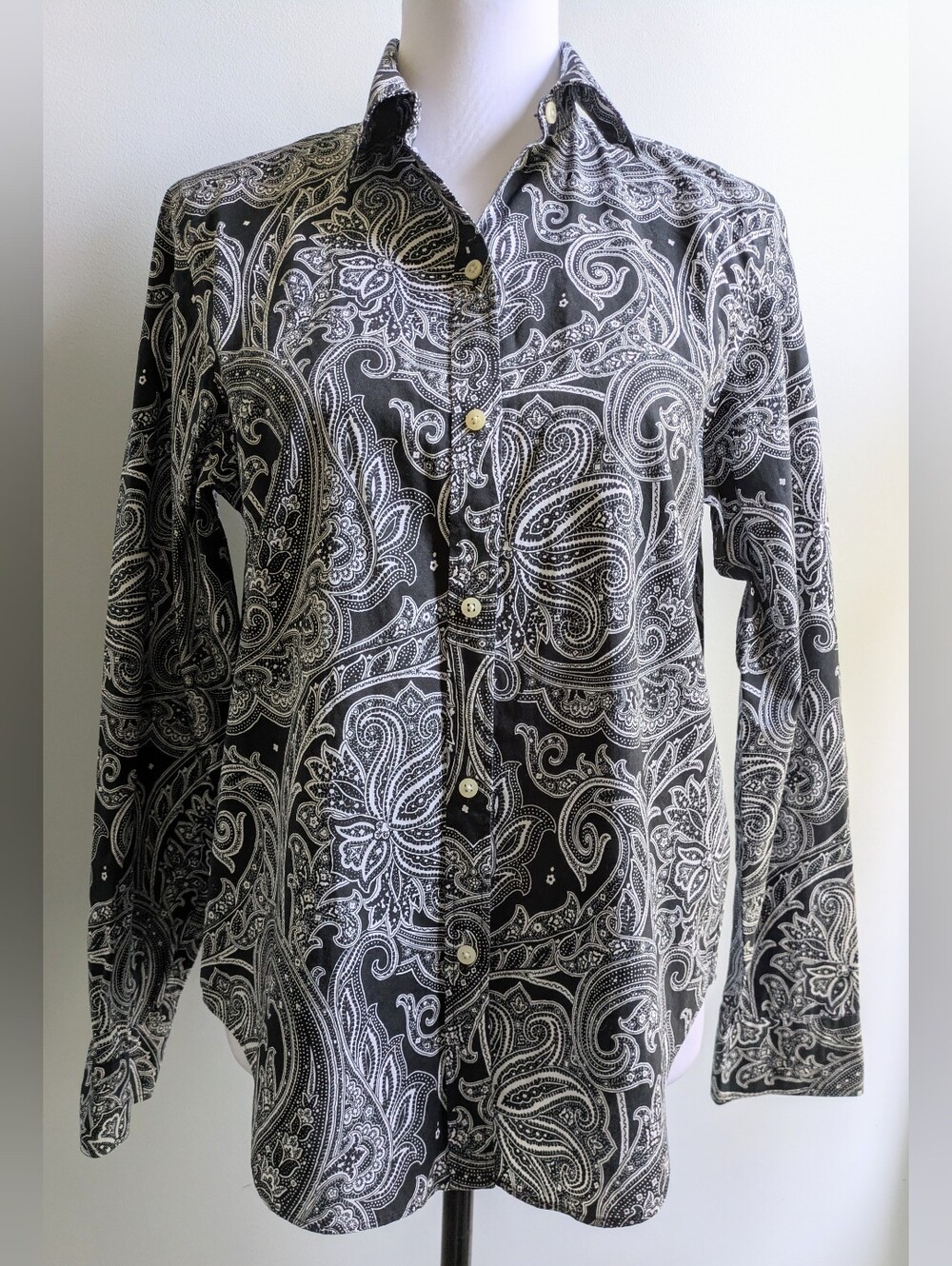 Lauren Ralph Lauren  Black & White Paisley Button-Up Blouse Size M